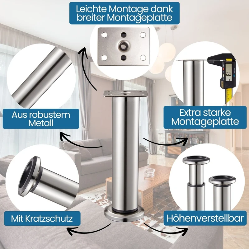 Möbelfüße höhenverstellbar Ø38mm 4er-SET Edelstahl Optik Metall Sofafüße