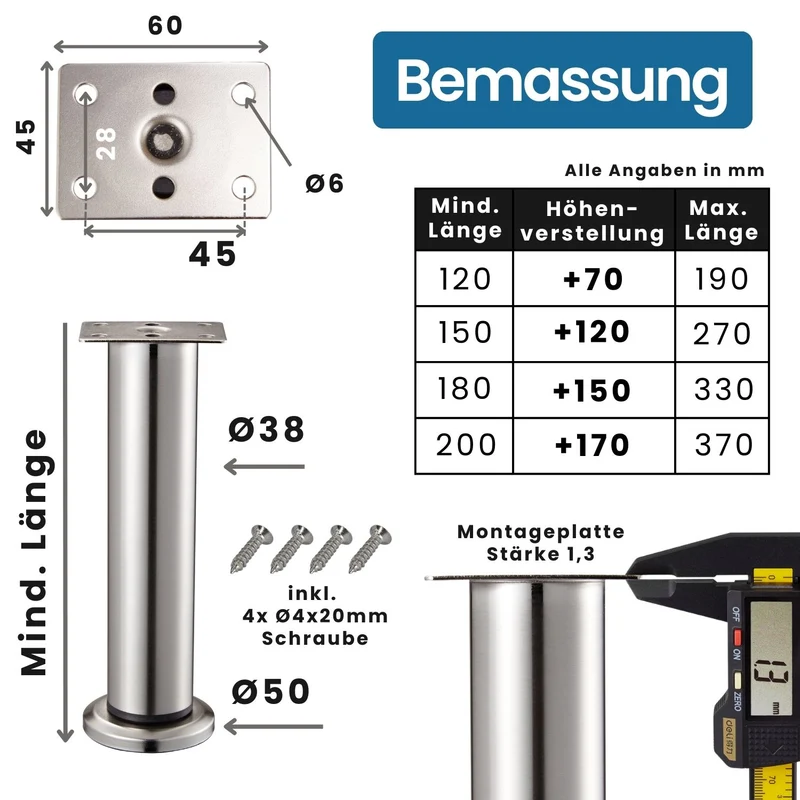 Möbelfüße höhenverstellbar Ø38mm 4er-SET Edelstahl Optik Metall Sofafüße