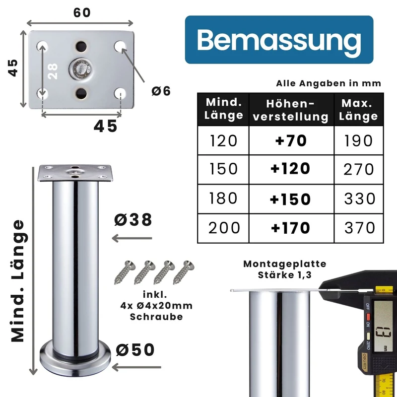 Möbelfüße Metall Chrom verstellbar Ø38mm Bettfüße Schrankfüße