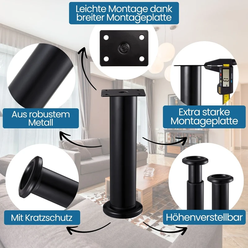 Möbelfüße höhenverstellbar Schwarz matt Ø38mm Metall Bettfüße