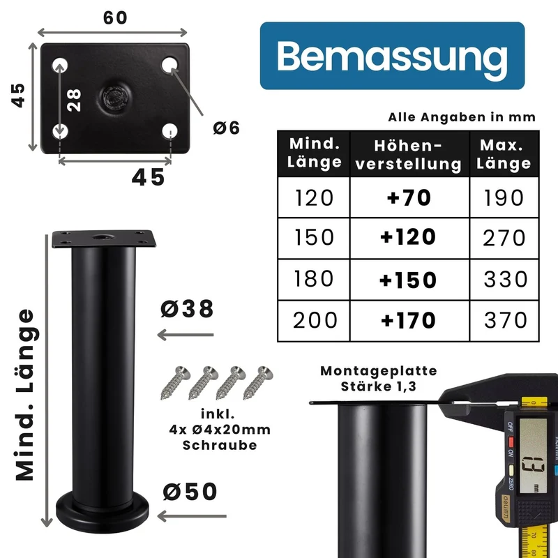 Möbelfüße höhenverstellbar Schwarz matt Ø38mm Metall Bettfüße