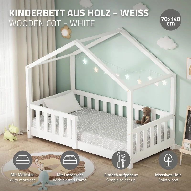 Kinderbett Hausbett 70x140 cm Weiß aus Kiefernholz mit Matratze H:10cm Rausfallschutz und Lattenrost ML-Design