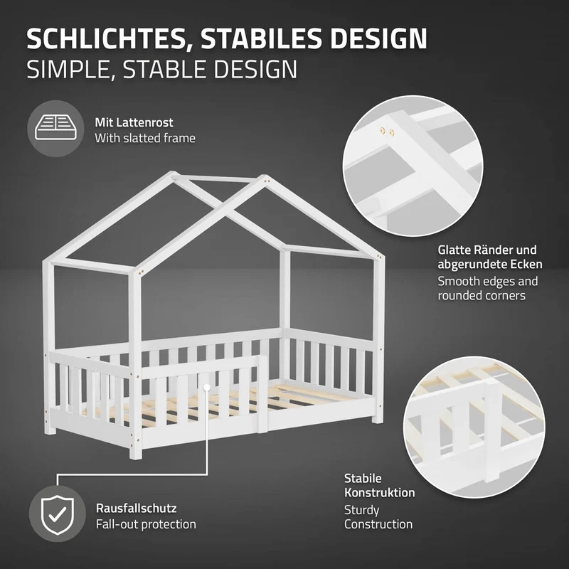 Kinderbett Hausbett 70x140 cm Weiß aus Kiefernholz mit Matratze H:10cm Rausfallschutz und Lattenrost ML-Design