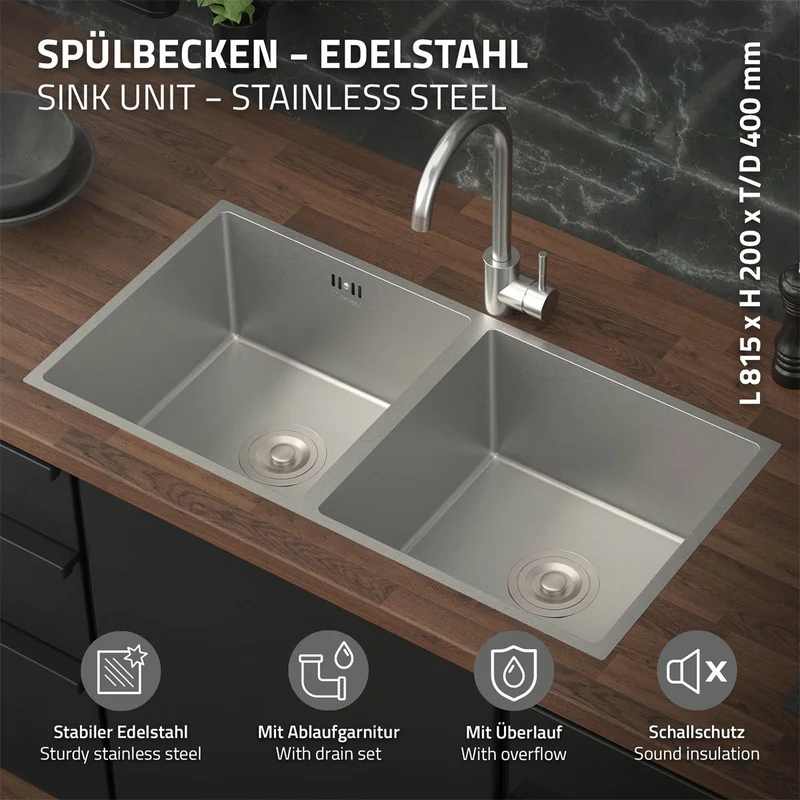 ML-Design | Einbauspüle mit Doppelbecken aus Edelstahl Küchenspüle mit Ab- und Überlaufgarnitur