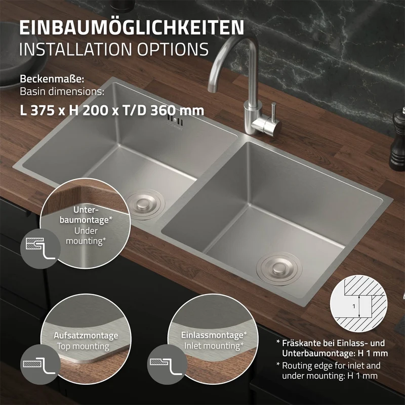ML-Design | Einbauspüle mit Doppelbecken aus Edelstahl Küchenspüle mit Ab- und Überlaufgarnitur