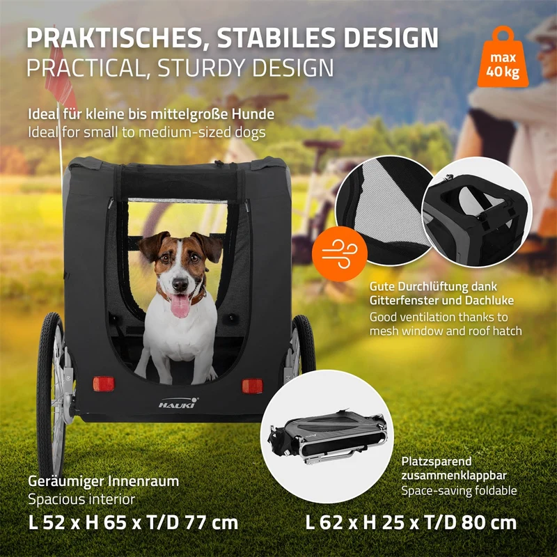 Hauki | Fahrradanhänger & Hundebuggy 2in1 klappbar 130x72x90 cm Hundeanhänger für Hunde bis 40kg, Anhänger mit Reflektoren/Leine/Flagge