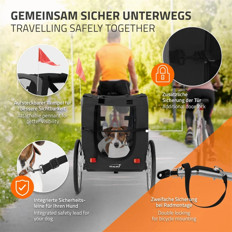 Hauki | Fahrradanhänger & Hundebuggy 2in1 klappbar 130x72x90 cm Hundeanhänger für Hunde bis 40kg, Anhänger mit Reflektoren/Leine/Flagge