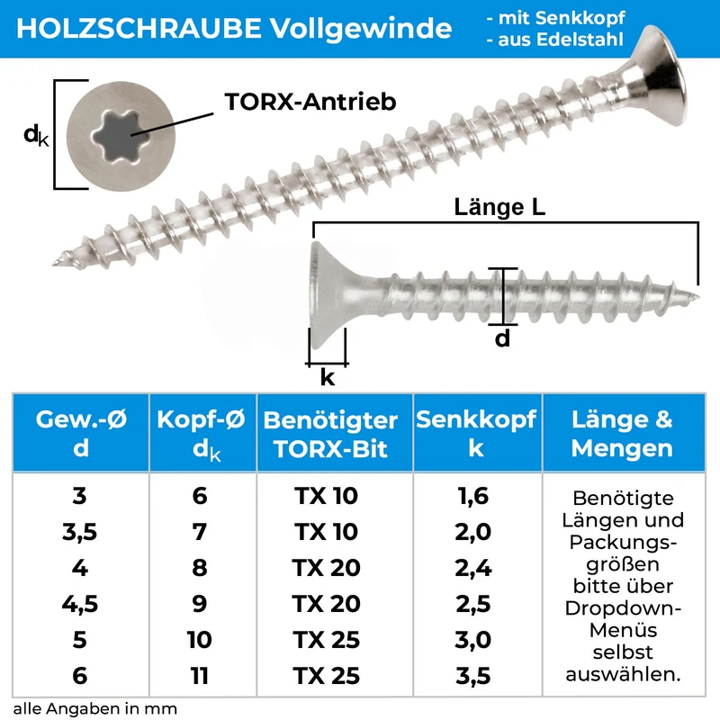 50x Spanplattenschrauben Torx Vollgewinde Edelstahl A2 V2A
