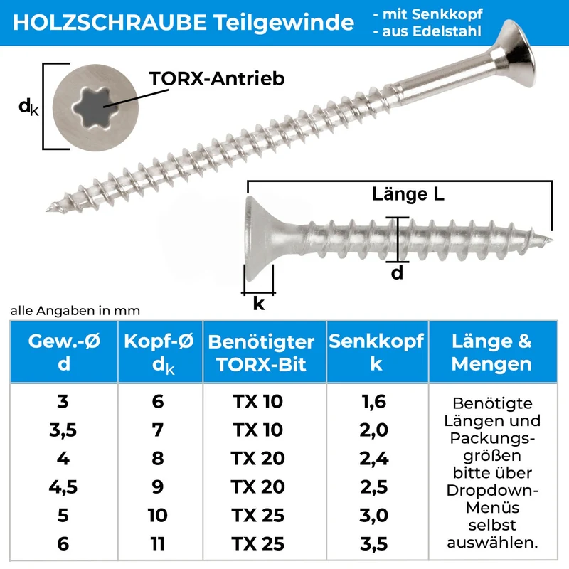 50x Spanplattenschrauben Torx Teilgewinde Edelstahl A2 V2A
