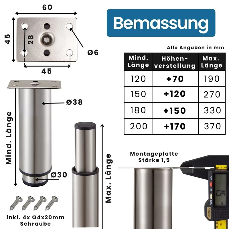Möbelfüße höhenverstellbar Metall Edelstahl Optik Ø38mm Sofafüße