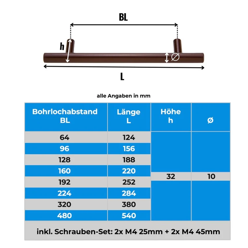 Möbelgriff Edelstahl Braun Stangengriff 10mm & 12mm Durchmesser