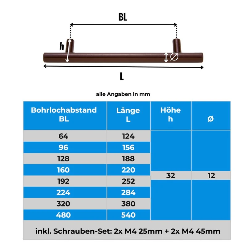 Möbelgriff Edelstahl Braun Stangengriff 10mm & 12mm Durchmesser