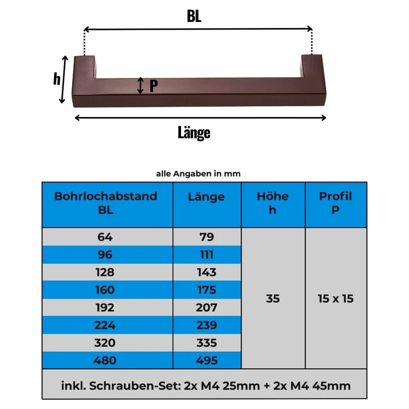 Möbelgriffe aus Edelstahl Braun quadratisch mit 15x15mm Profil