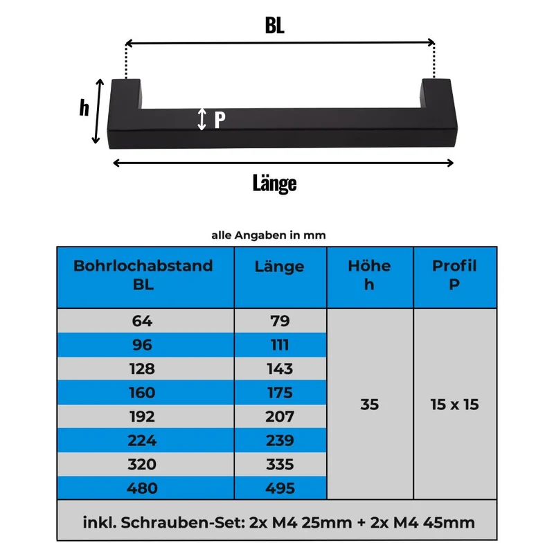 Möbelgriff aus Edelstahl Schwarz matt quadratisch 15x15mm Profil