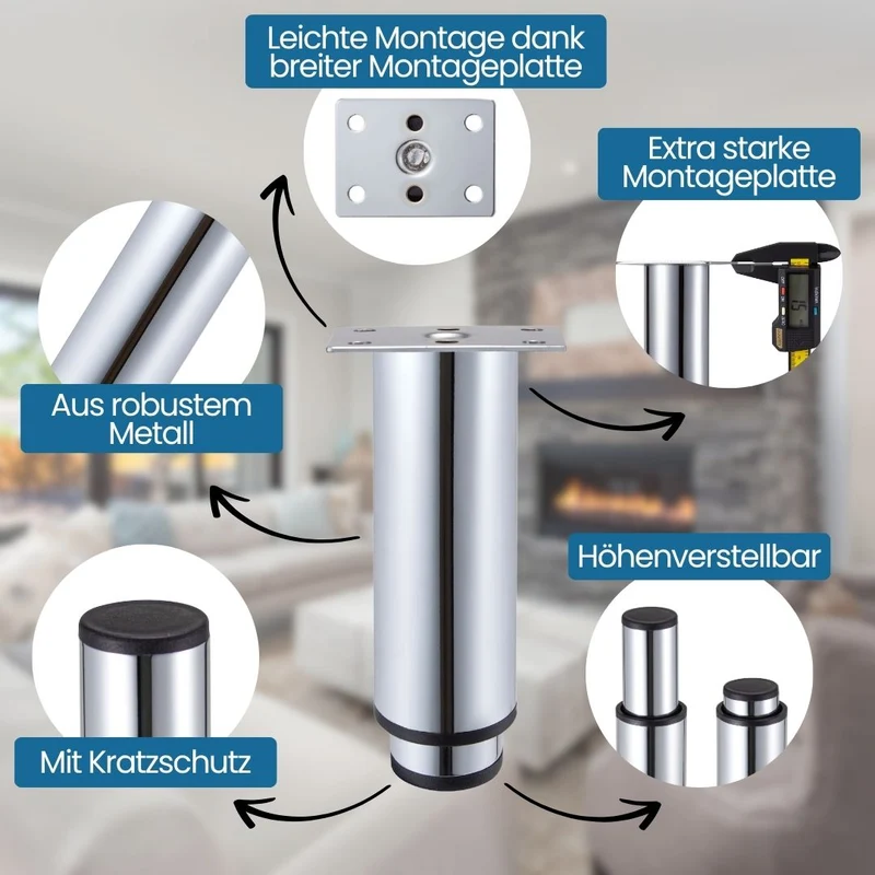 Möbelfüße Chrom glänzend aus Metall Ø38mm höhenverstellbar Regalfüße