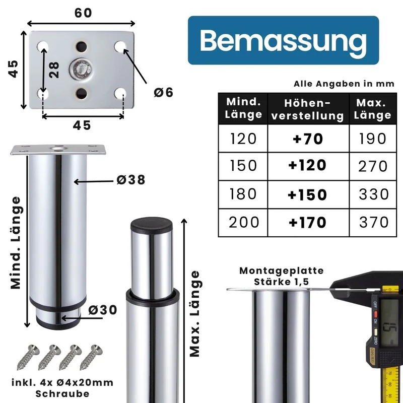 Möbelfüße Chrom glänzend aus Metall Ø38mm höhenverstellbar Regalfüße