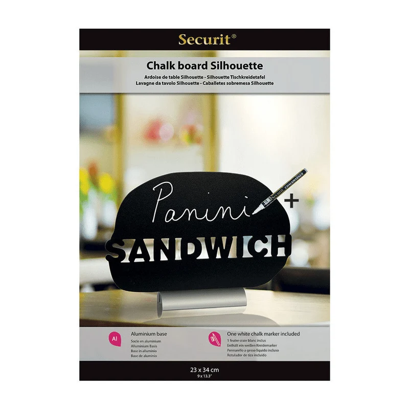 Securit®, Tischkreidetafel Aufsteller mit Aluminiumfuss, "Sandwich" Form-Silhouette, 34x24cm