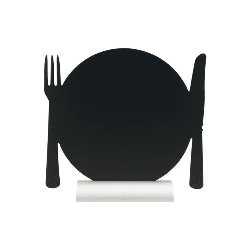 Tischkreidetafel Aufsteller mit Aluminiumfuss, "Teller mit Besteck" Form-Silhouette, 25x24cm