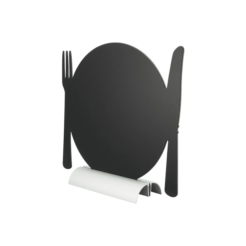 Tischkreidetafel Aufsteller mit Aluminiumfuss, "Teller mit Besteck" Form-Silhouette, 25x24cm