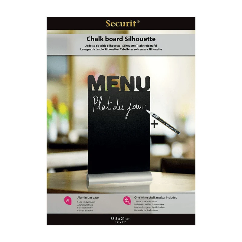 Securit®, Tischkreidetafel Aufsteller mit Aluminiumfuss, Eckige Form-Silhouette "MENU", 21x34cm