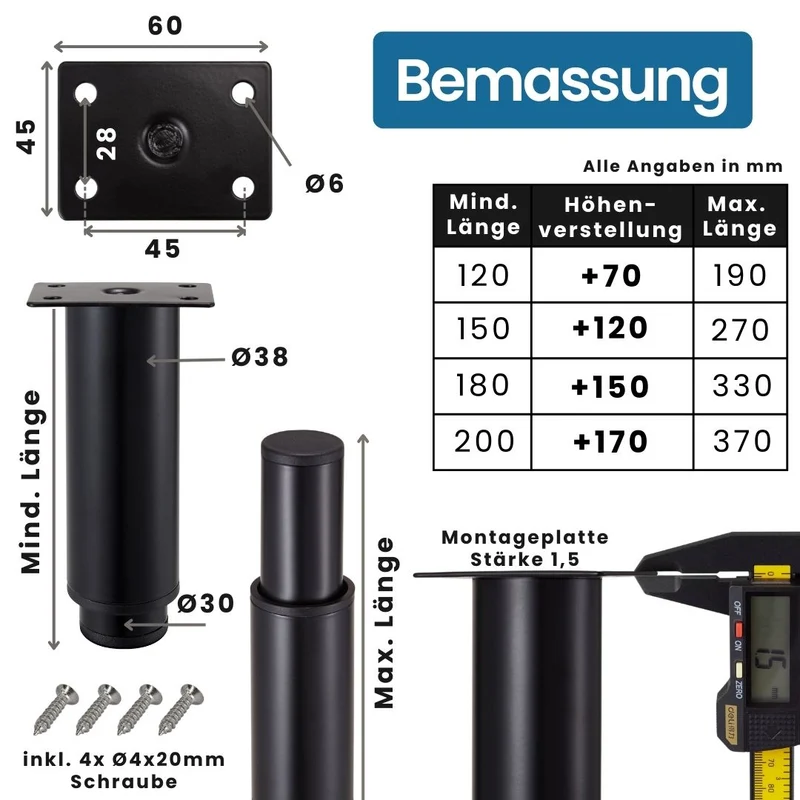 Möbelfüße Metall Schwarz-matt verstellbar Ø38mm Sofafüße Schrankfüße