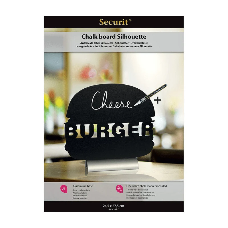 Securit®, Tischkreidetafel Aufsteller mit Aluminiumfuss, "Burger" Form-Silhouette, 28x25cm
