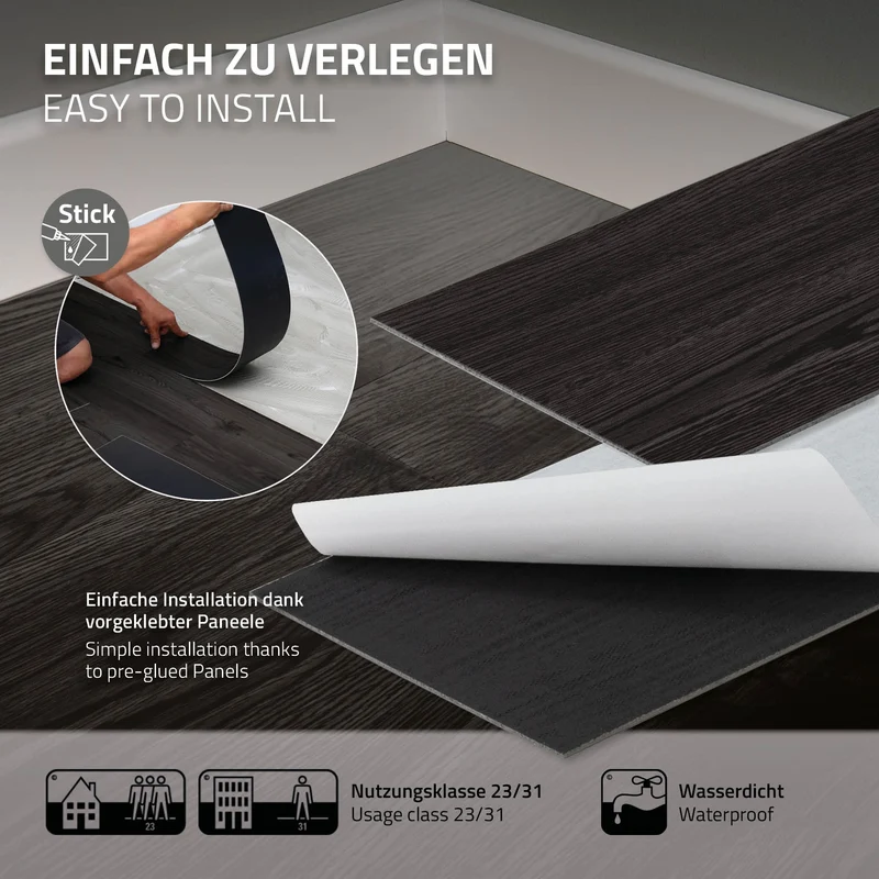 3x Deluxe PVC Klebevinylboden für 2,23 m² Eiche Dunkelgrau 2 mm dick ML-Design
