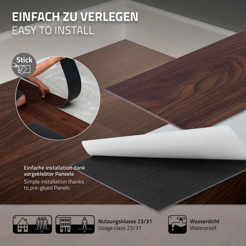 2er Set Deluxe PVC Klebevinylboden für 2,23 m² Rot-Braun Nuss 2 mm dick ML-Design