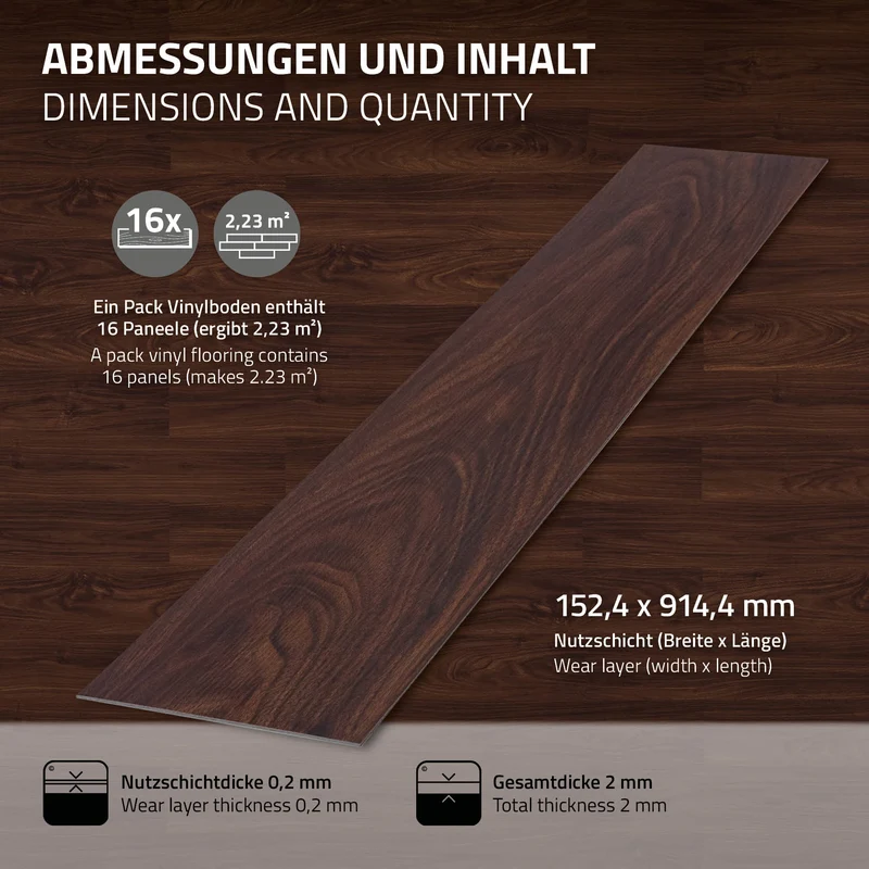 2er Set Deluxe PVC Klebevinylboden für 2,23 m² Rot-Braun Nuss 2 mm dick ML-Design