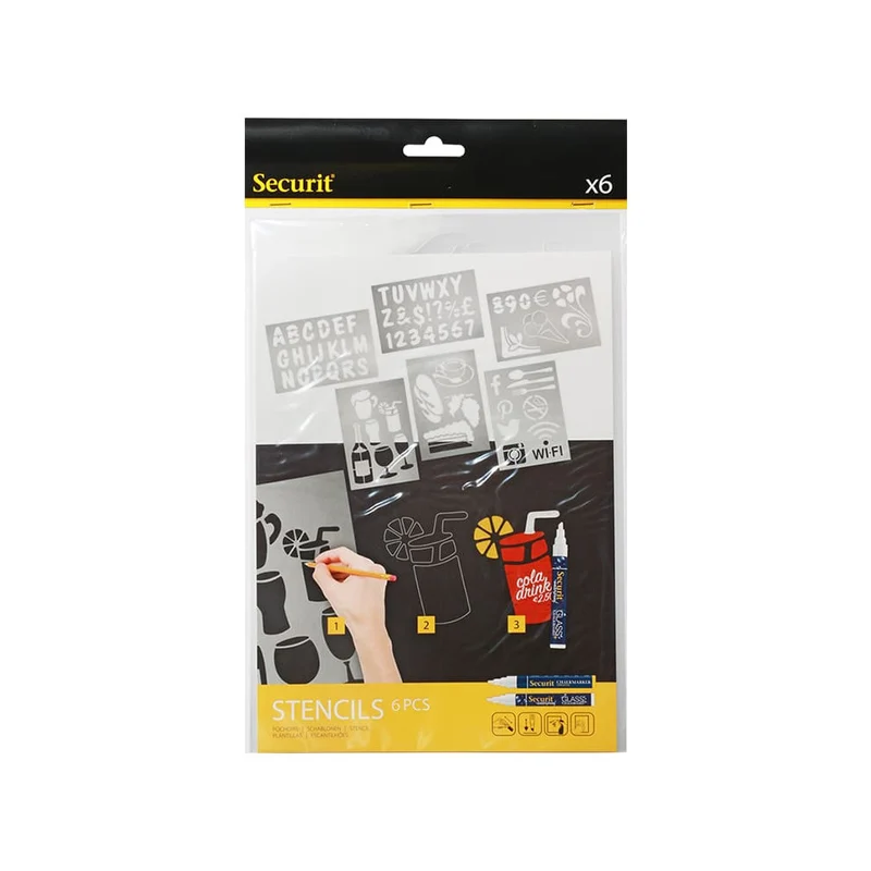 Securit® Kreidetafel Schablonen zum Nachzeichnen, 6er Set, ABC, ZAHLEN, MOTIVE und ZEICHEN