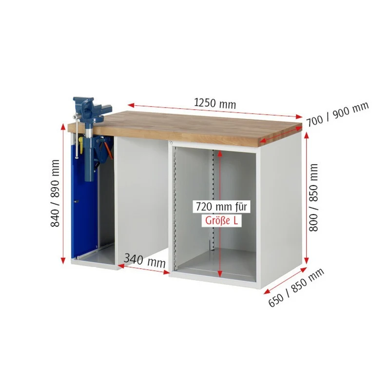 Werkbank mit Schraubstock & 4 Schubladen – 1.500 mm Breite | 1.250 kg Traglast