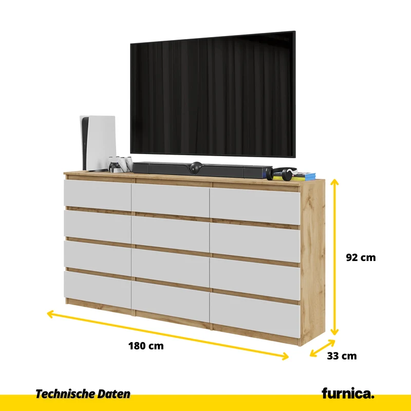 GABRIEL - Kommode / Sideboard mit 12 Schubladen (8+4) - Wotan Eiche / Weiß Matt H92cm B180cm T33cm