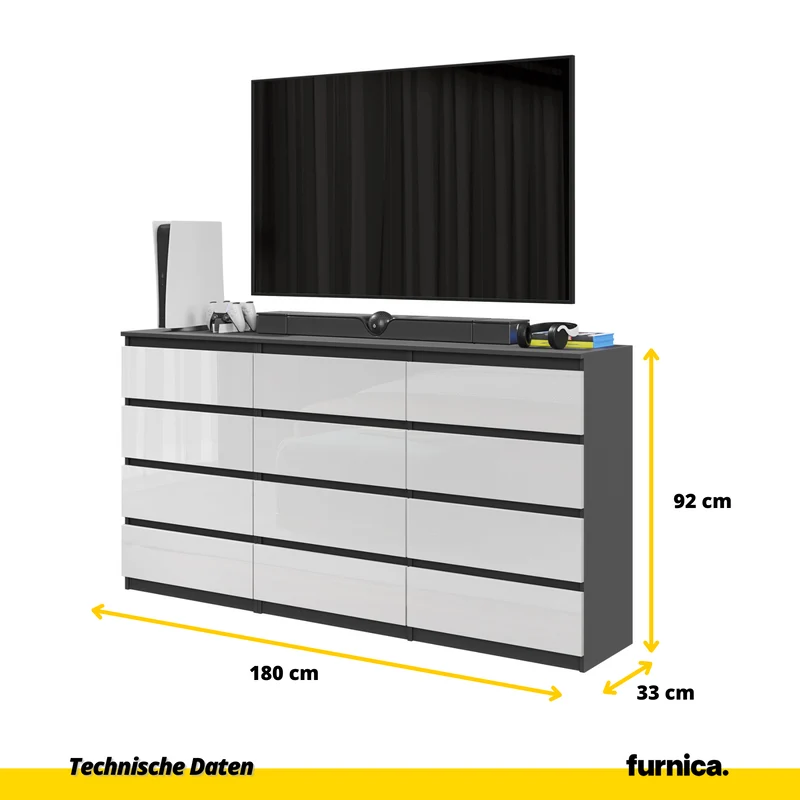 GABRIEL - Kommode / Sideboard mit 12 Schubladen (8+4) - Anthrazit / Weiß Gloss H92cm B180cm T33cm