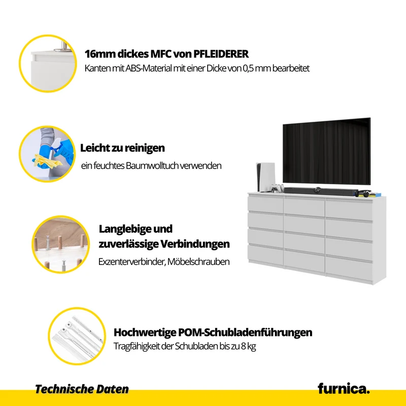 GABRIEL - Kommode / Sideboard mit 12 Schubladen (8+4) - Anthrazit / Weiß Gloss H92cm B180cm T33cm