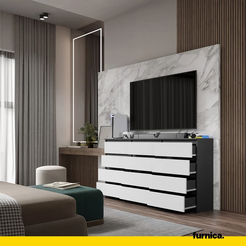 GABRIEL - Kommode / Sideboard mit 12 Schubladen (8+4) - Anthrazit / Weiß Matt H92cm B180cm T33cm