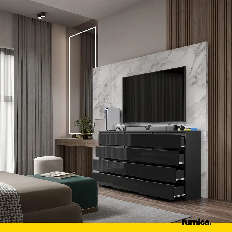 GABRIEL - Kommode / Sideboard mit 12 Schubladen (8+4) - Anthrazit / Schwarz Gloss H92cm B180cm T33cm