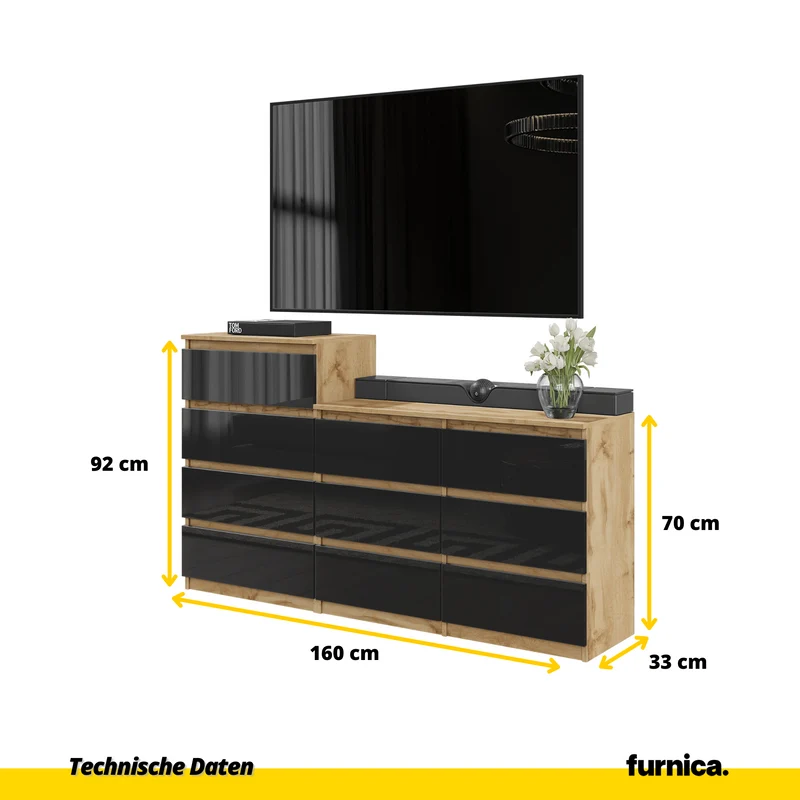 GABRIEL - Kommode / Sideboard mit 10 Schubladen (6+4) - Wotan Eiche / Schwarz Gloss H92/70cm B160cm T33cm