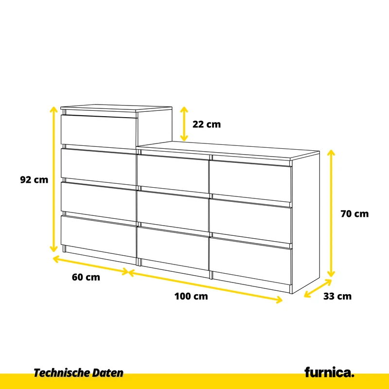 GABRIEL - Kommode / Sideboard mit 10 Schubladen (6+4) - Wotan Eiche / Schwarz Gloss H92/70cm B160cm T33cm