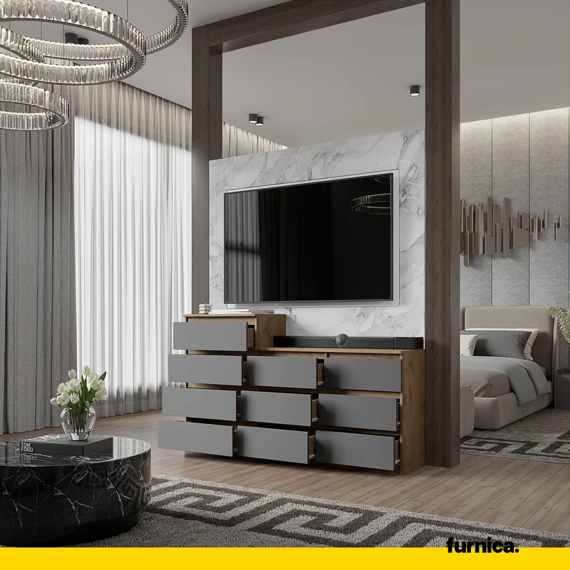 GABRIEL - Kommode / Sideboard mit 10 Schubladen (6+4) - Wotan Eiche / Anthrazit H92/70cm B160cm T33cm