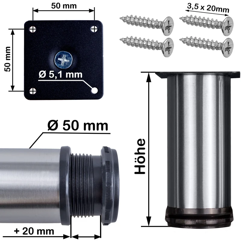 Möbelfüße Metall Schwarz verstellbare Sideboardfüße 50mm Durchmesser