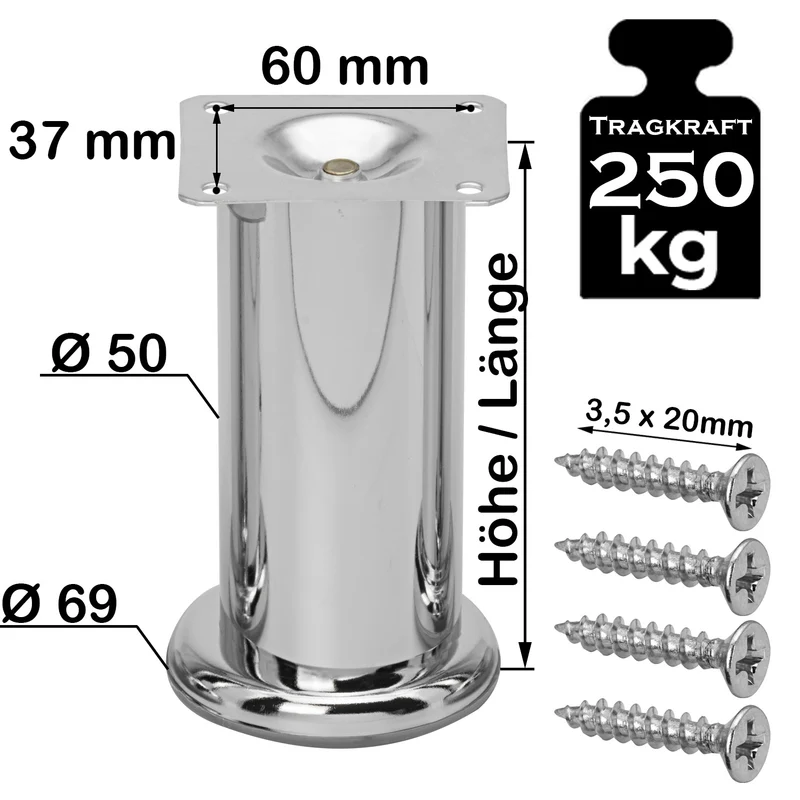 Möbelfüße Chrom aus Metall Ø50mm Durchmesser 250 kg Tragkraft