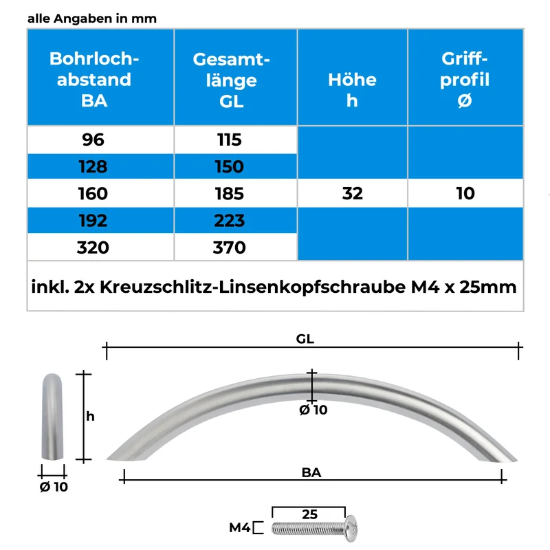 Möbelgriff aus Edelstahl gebürstet Bogengriff 10mm Durchmesser