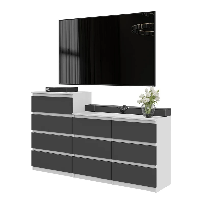 GABRIEL - Kommode / Sideboard mit 10 Schubladen (6+4) - Weiß Matt / Anthrazit H92/70cm B160cm T33cm