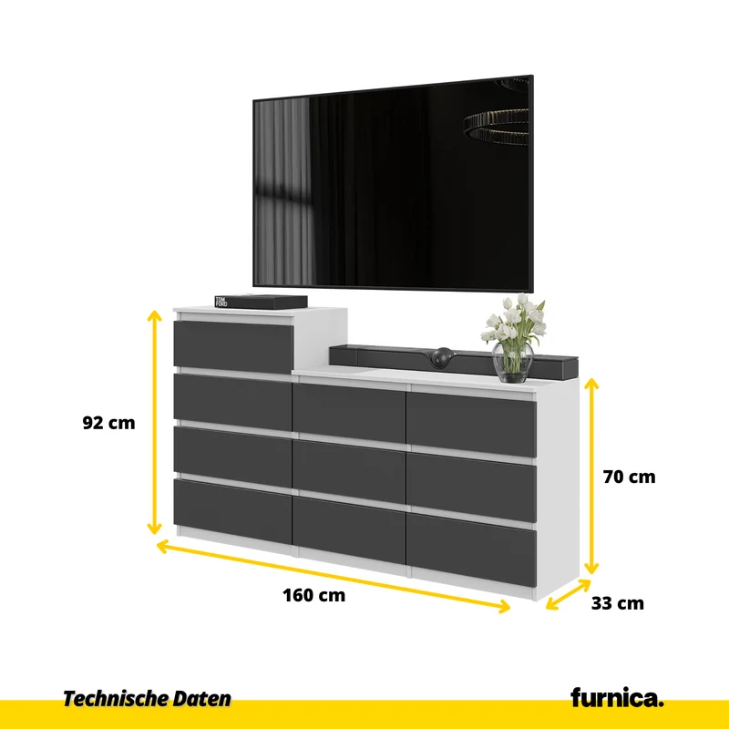 GABRIEL - Kommode / Sideboard mit 10 Schubladen (6+4) - Weiß Matt / Anthrazit H92/70cm B160cm T33cm