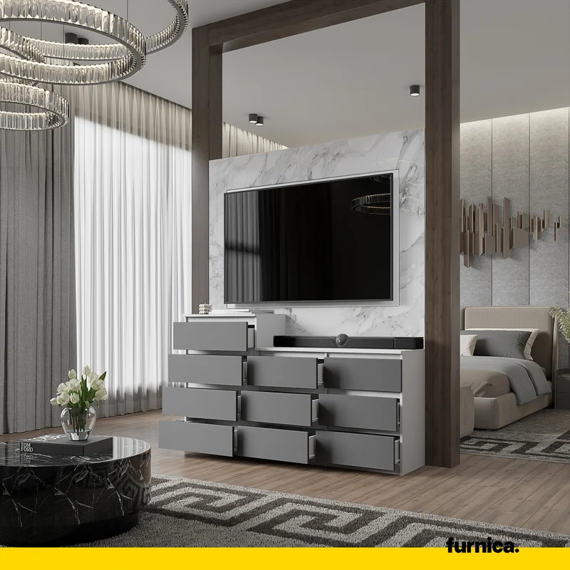 GABRIEL - Kommode / Sideboard mit 10 Schubladen (6+4) - Weiß Matt / Anthrazit H92/70cm B160cm T33cm