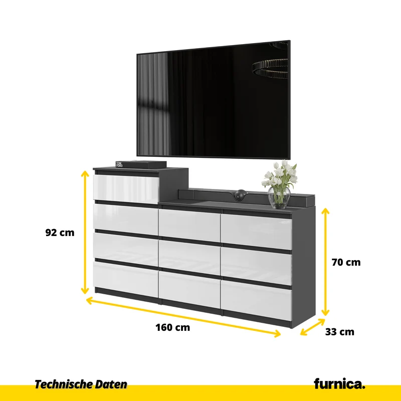 GABRIEL - Kommode / Sideboard mit 10 Schubladen (6+4) - Anthrazit / Weiß Gloss H92/70cm B160cm T33cm