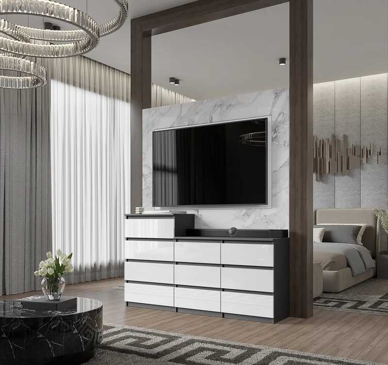 GABRIEL - Kommode / Sideboard mit 10 Schubladen (6+4) - Anthrazit / Weiß Gloss H92/70cm B160cm T33cm