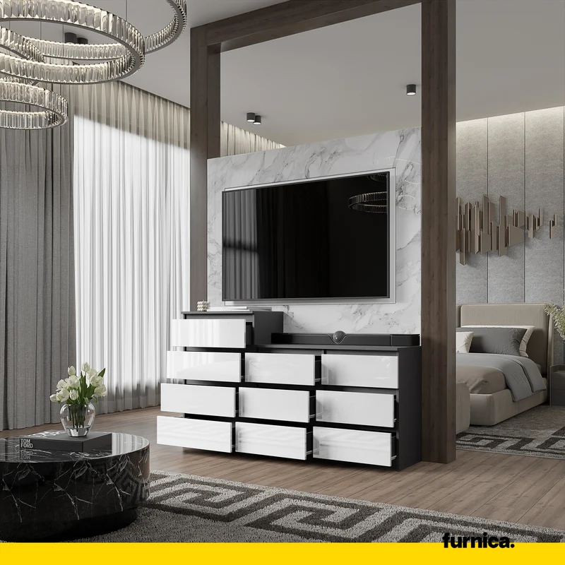 GABRIEL - Kommode / Sideboard mit 10 Schubladen (6+4) - Anthrazit / Weiß Gloss H92/70cm B160cm T33cm
