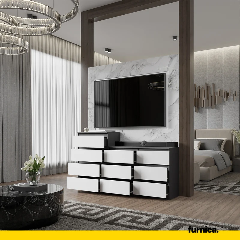 GABRIEL - Kommode / Sideboard mit 10 Schubladen (6+4) - Anthrazit / Weiß Matt H92/70cm B160cm T33cm