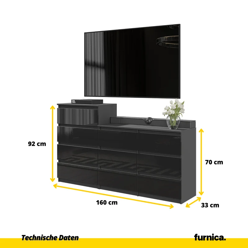 GABRIEL - Kommode / Sideboard mit 10 Schubladen (6+4) - Anthrazit / Schwarz Gloss H92/70cm B160cm T33cm